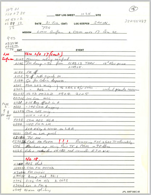 Apollo 11 log at Honeysuckle